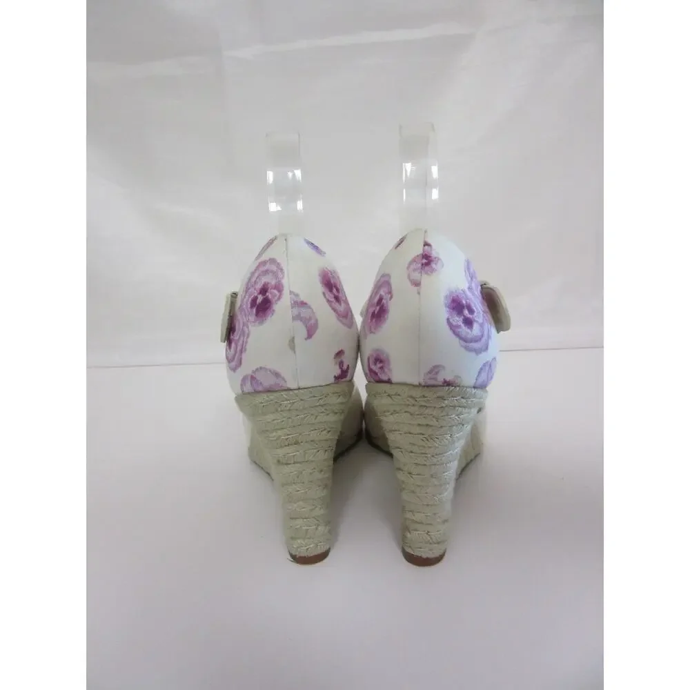 COLE HAAN Women's Purple Floral Print 6 1/2B Peep Toe Wedge T-Strap Heels